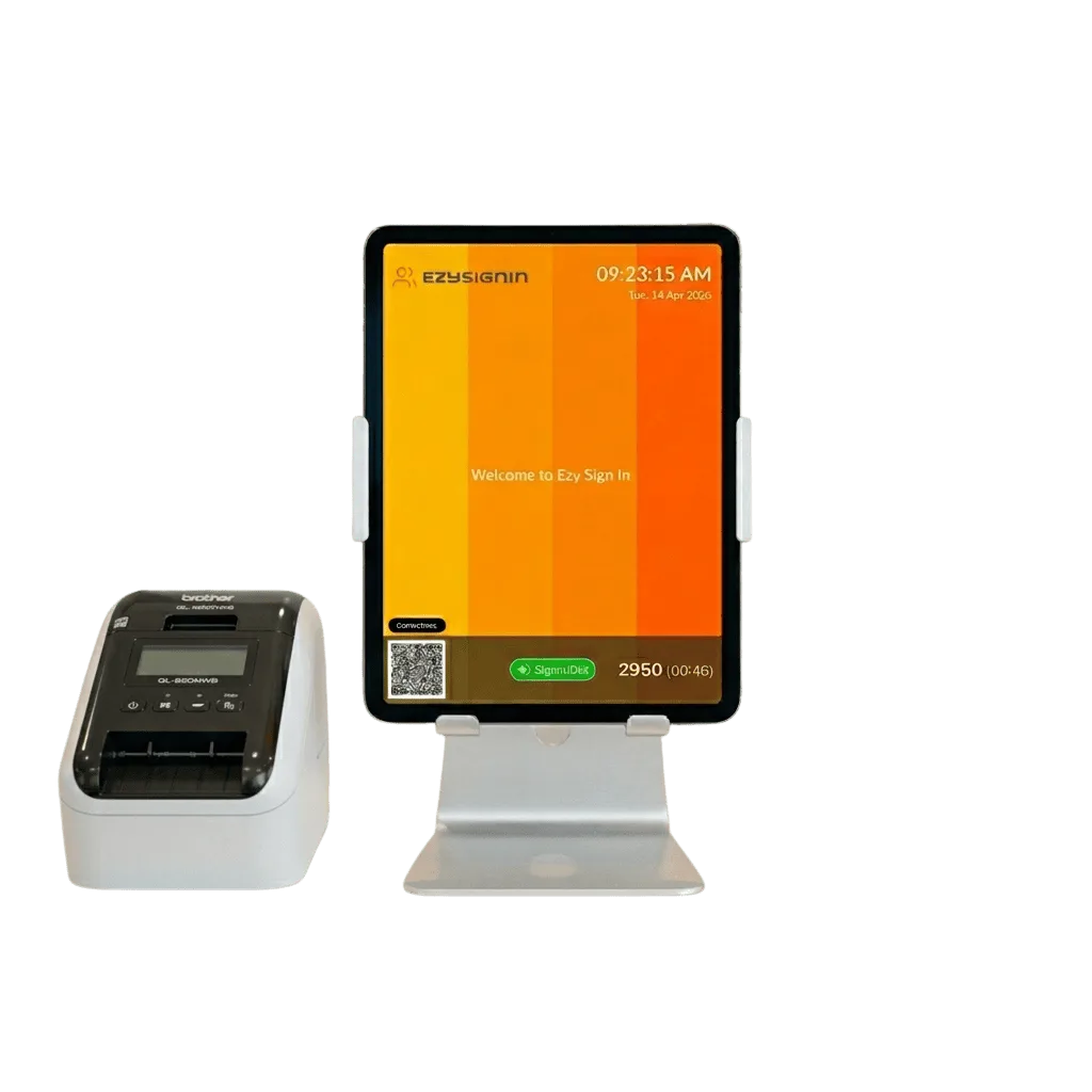 Ezy Sign-In visitor kiosk on iPad with Brother sticky label printer for front desk reception.