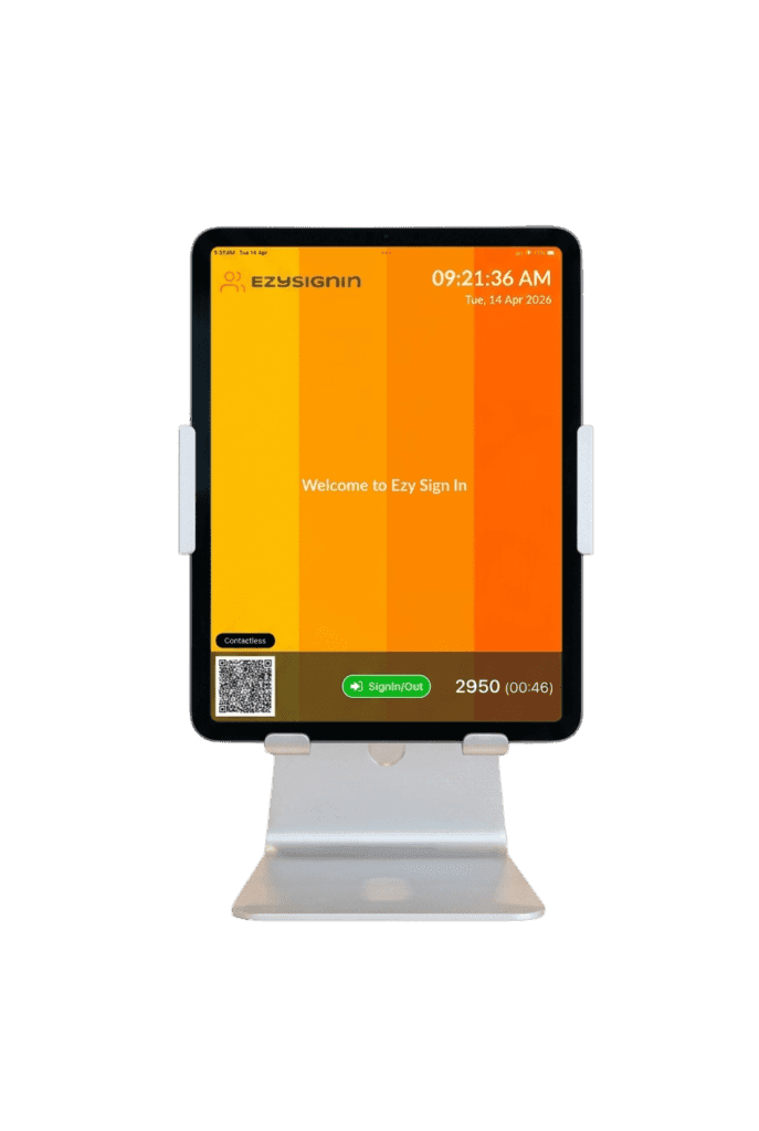 Ezy Sign-In visitor check-in app displayed on an iPad tablet stand for front desk reception.