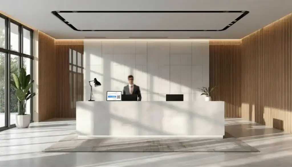 modern reception area with digital visitor sign-in system