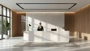 modern reception area with digital visitor sign-in system
